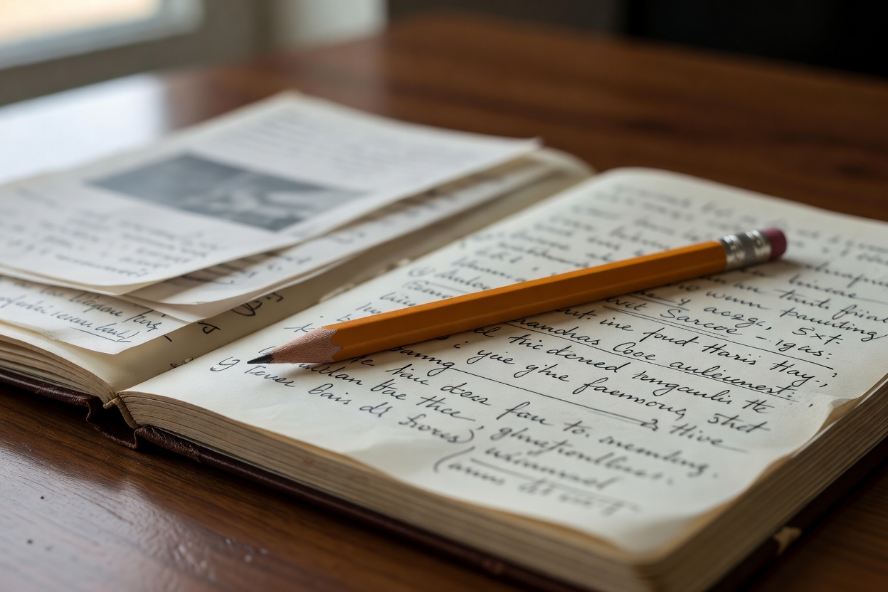 A pencil resting on an open study journal beside softly focused analytical notes.