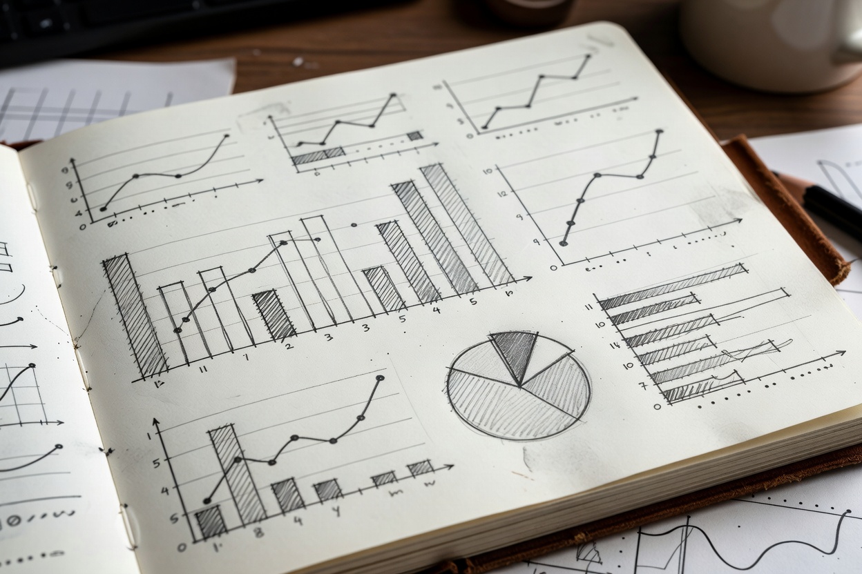 Close-up of hand-drawn bar charts and metric labels in an analyst’s notebook.