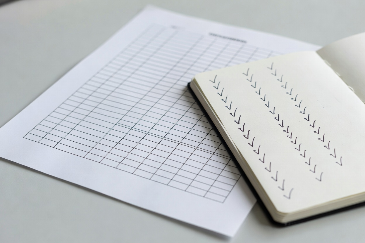 Shallow-focus view of a spreadsheet beside a notebook containing data-quality check marks.